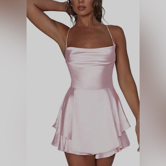 NWOT LouVasabuce Backless Short Romper Satin Dress Cowl Neck Spaghetti Straps - Picture 2 of 9